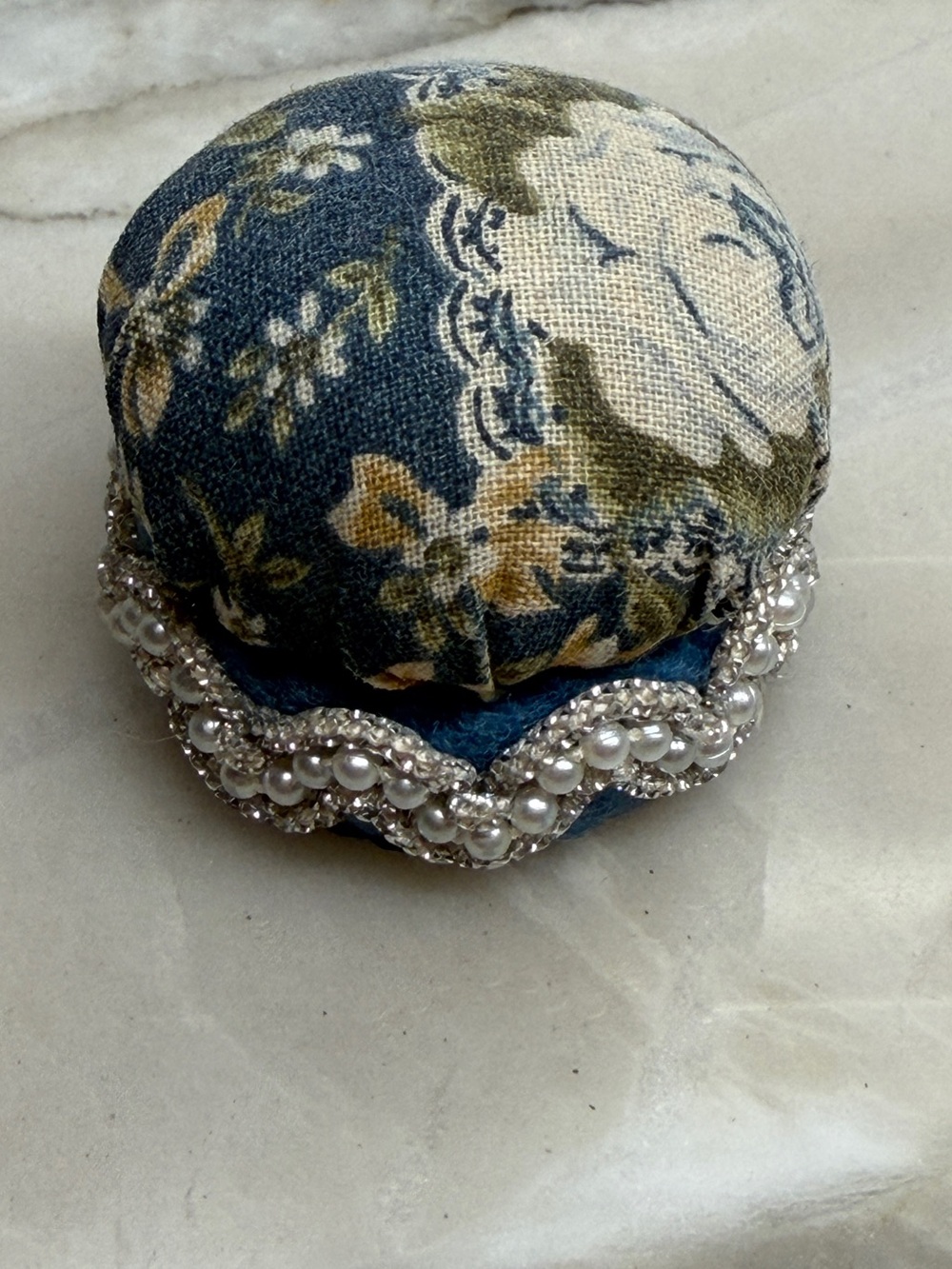 Vintage Pin Cushion for sewing needles- beaded Blue floral